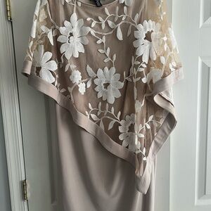 Chic Beige Asymmetrical Dress with Floral Overlay